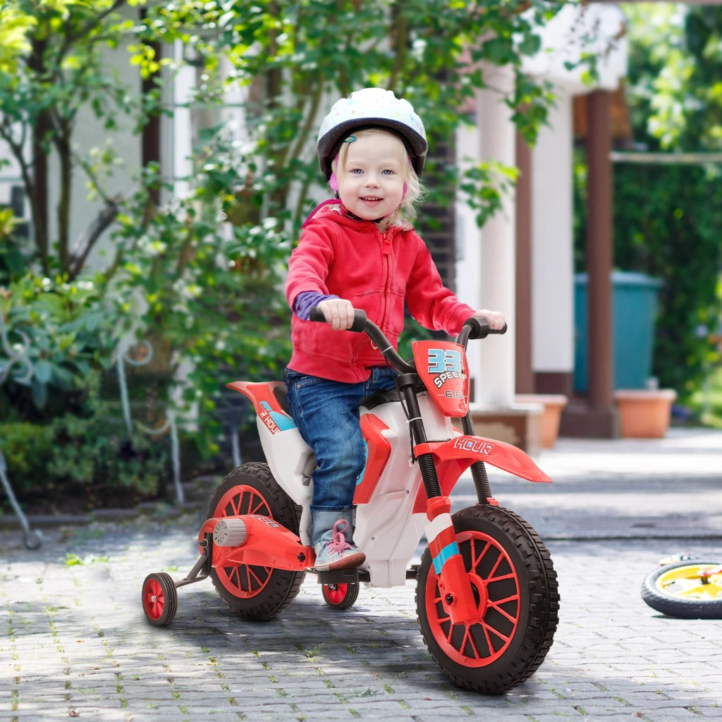 EasyComfort Moto da Cross Elettrica per Bambini da 3-5 Anni, Moto Elettrica per Bambini con Batteria 12V Ricaricabile e Rotelline Rimovibili, 106.5x51.5x68cm, Rosso