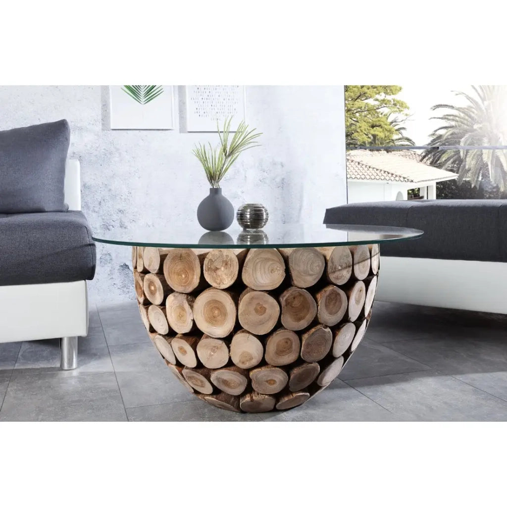 Tavolino basso ARBOREA rotondo 70 cm in legno massiccio e vetro temperato - piede centrale design in tronchetti