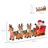Babbo Natale Gonfiabile 132cm con Slitta e 3 Renne, Luci LED Integrate, Decorazione Natalizia da Esterno