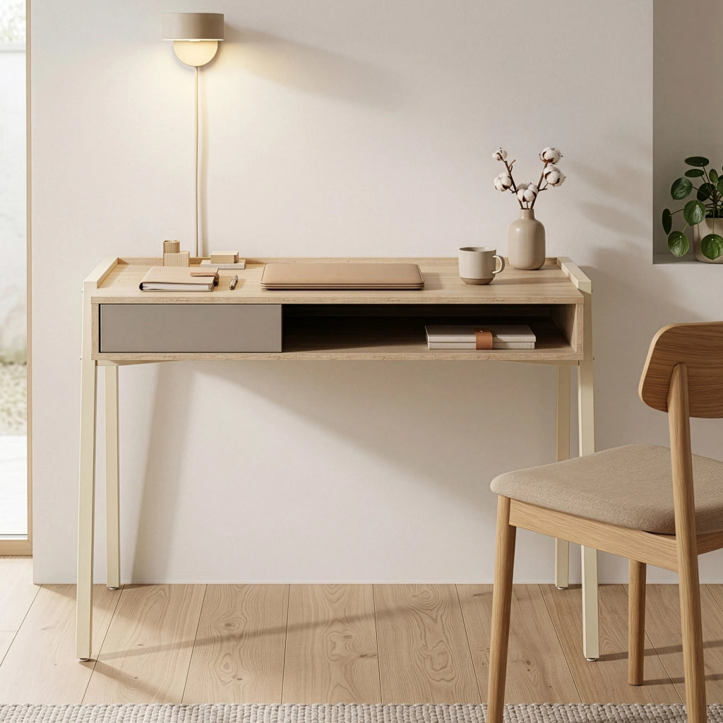 Scrivania Boderas con Vano Aperto e Cassetto 107 x 55 x 78 cm Beige / Travertino [en.casa]