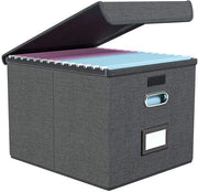 Cassetta archiviale portatile con coperchio, contenitori di archiviazione pieghevoli in lino con inserto di plastica scorrevole, sistema di riempimento decorativo per la gestione di documenti e cartelle (cartelle non incluse)