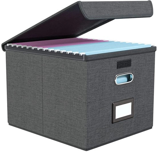 Cassetta archiviale portatile con coperchio, contenitori di archiviazione pieghevoli in lino con inserto di plastica scorrevole, sistema di riempimento decorativo per la gestione di documenti e cartelle (cartelle non incluse)