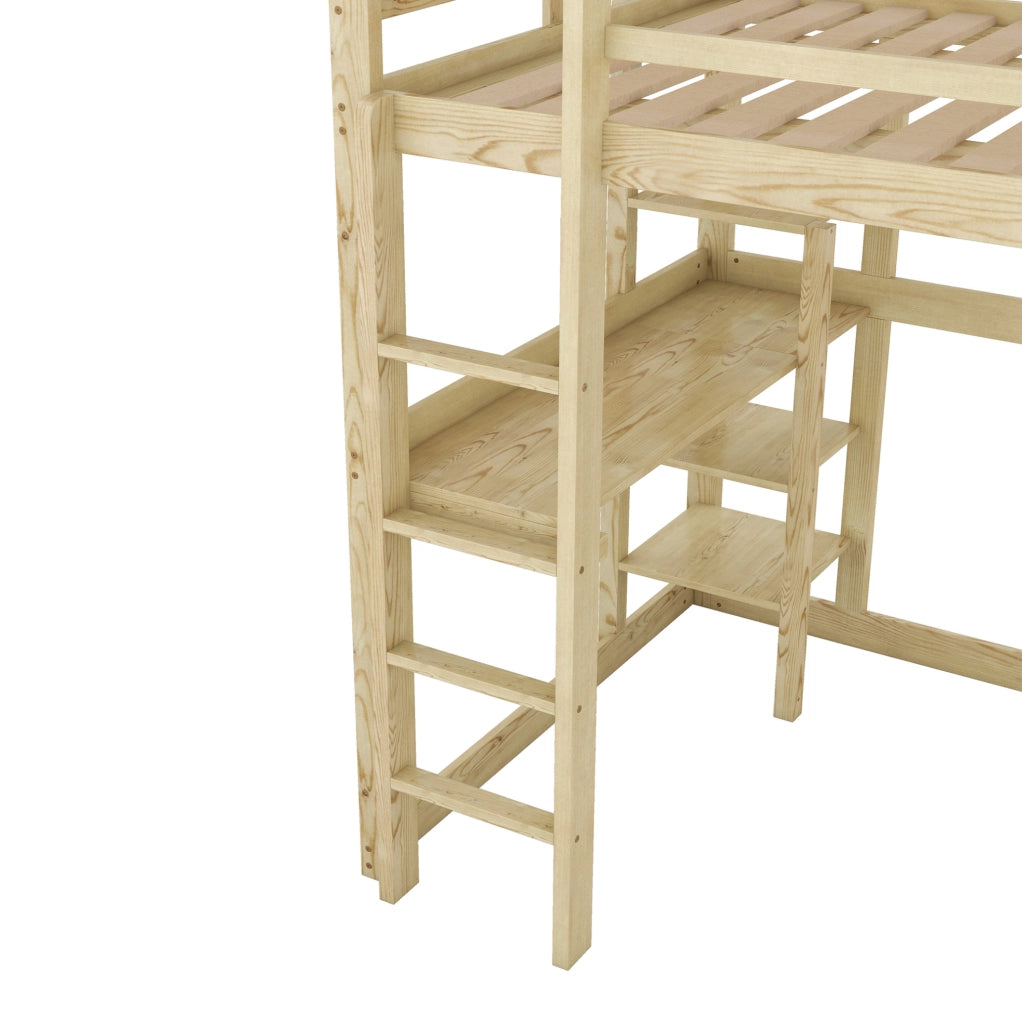 Letto a soppalco 140x200 cm con scrivania e 4 vani in legno di pino; colore naturale
