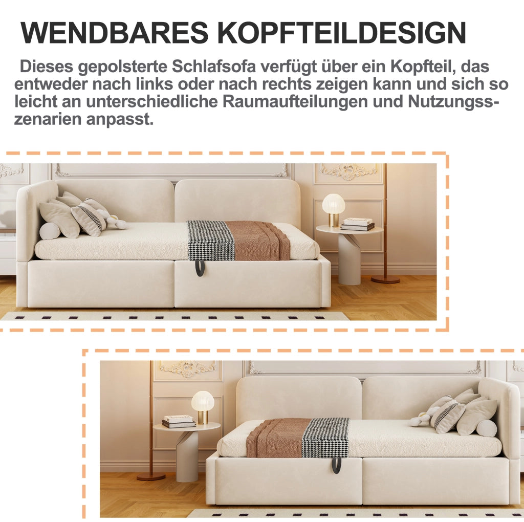Letto singolo imbottito 90x200 cm in velluto beige con vano contenitore idraulico