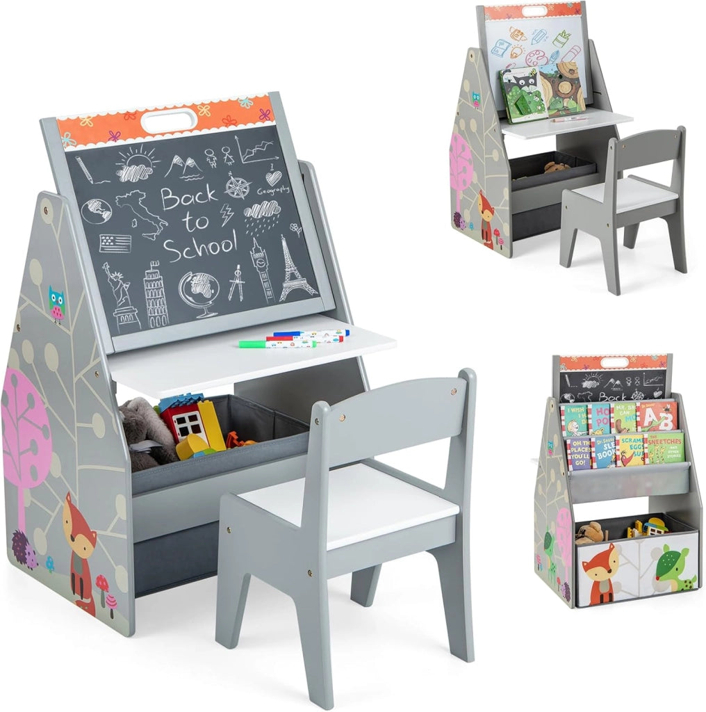 Cavalletto per Bambini Doppio Lato, Set Tavolo e Sedia per Bambini con Lavagna Magnetica e Lavagna Bianca, Contenitore in Tessuto e Libreria(Bianco)