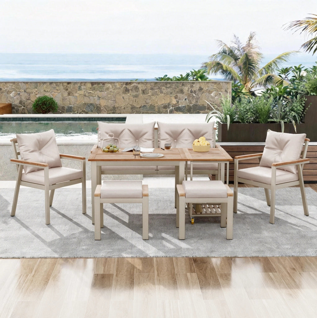Set da giardino da pranzo 6-7 posti con carrello di servizio rimovibile; legno di acacia beige e naturale