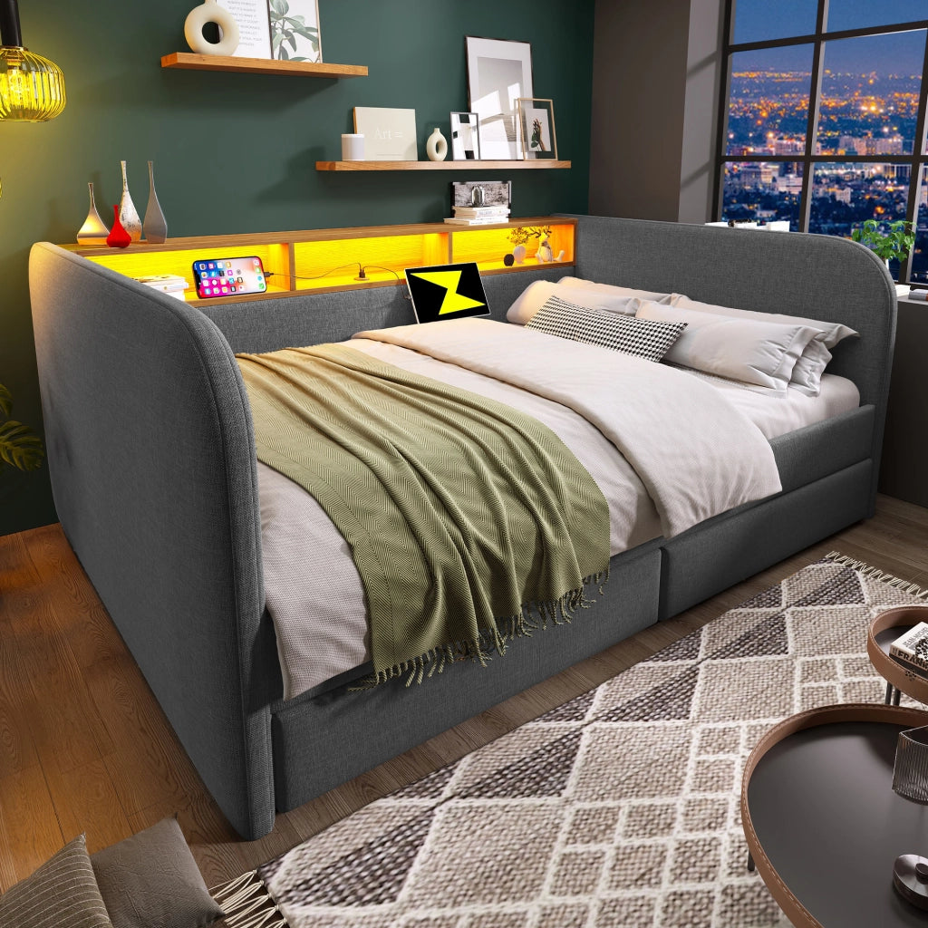 Letto divano 140 × 190 cm con LED, USB e Type-C, 2 cassetti, senza materasso, in lino, grigio