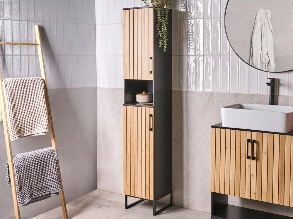 Mobile da bagno indipendente con 6 ripiani contenitore da bagno moderno nero e marrone chiaro