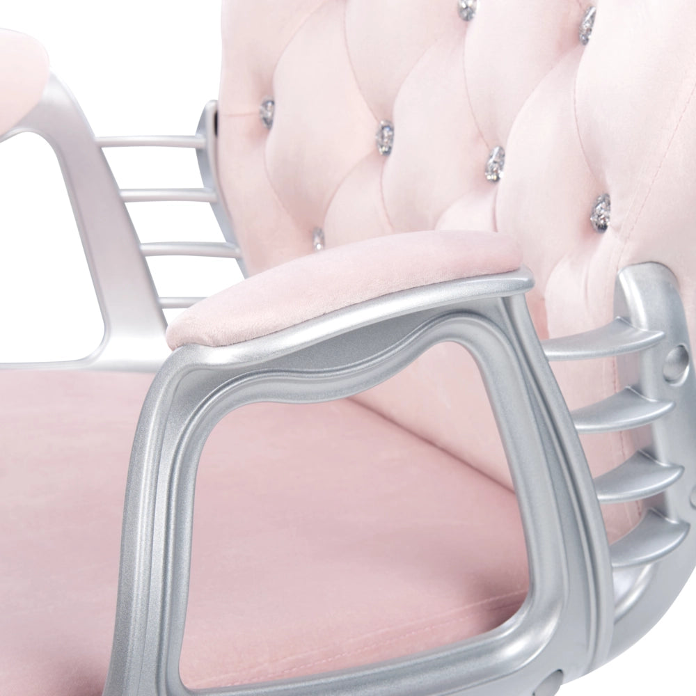 Sedia da ufficio in velluto rosa con cristalli e altezza regolabile e schienale trapuntato stile retrò moderno