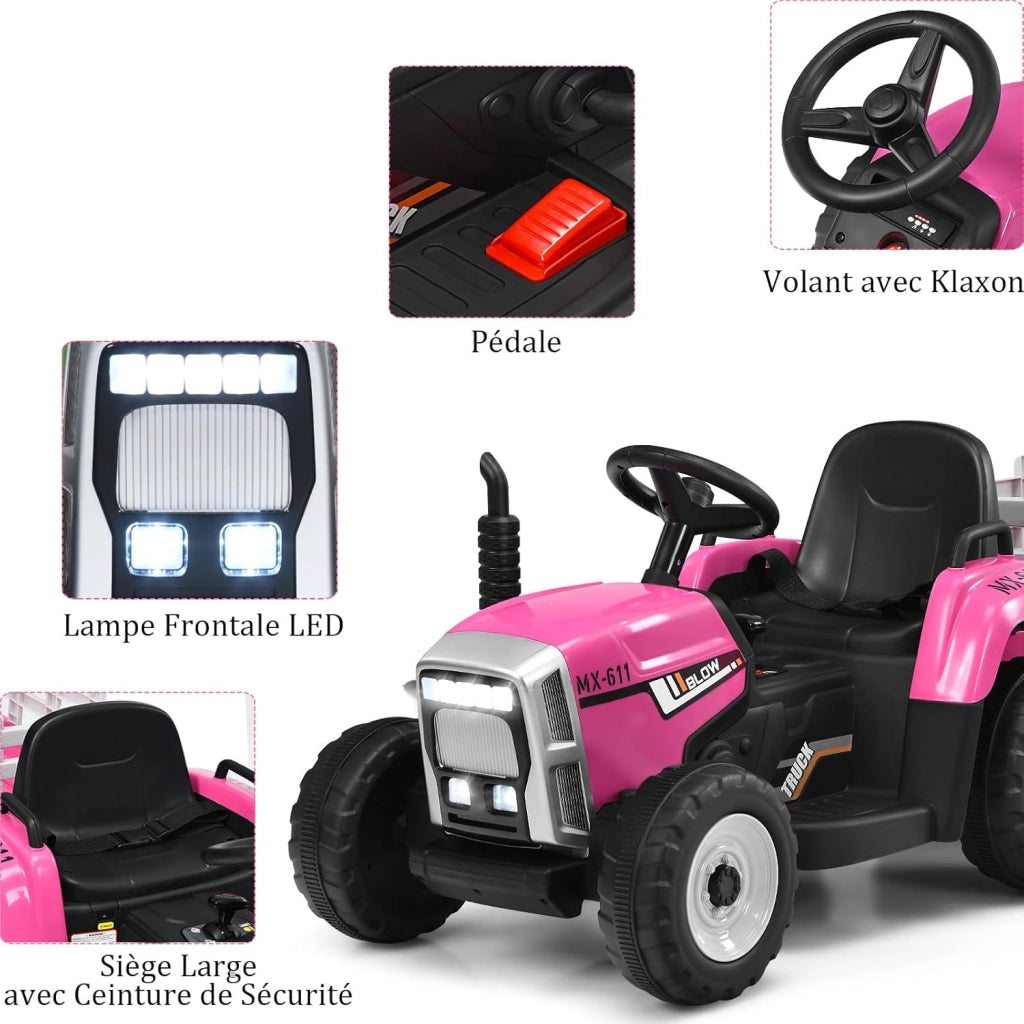 Trattore Elettrico per Bambini 12V con Rimorchio Rimovibile, Trattore Cavalcabile con Telecomando e Pedale Acceleratore, Veicolo con Multimedia, Clacson e Luci, Carico 30 kg (Rosa)