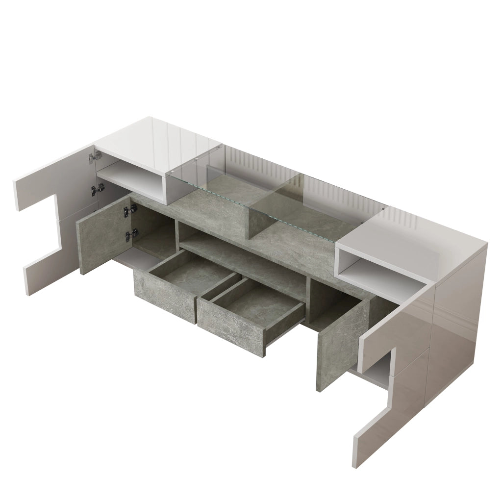 OKWISH Mobile TV con 6 Ante, 2 Cassetti, 3 Vani e LED, Finitura Lucida per Soggiorno, Bianco, 145x30x51 cm