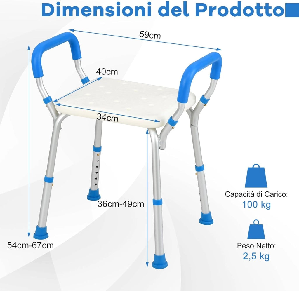 Sgabello Doccia, Sedia per Doccia Regolabile in 6 Altezze con Braccioli Imbottiti Staccabili e Piedini in Gomma Antiscivola, Portata 100 kg, Seggiolino da Bagno per Anziani (Blu)