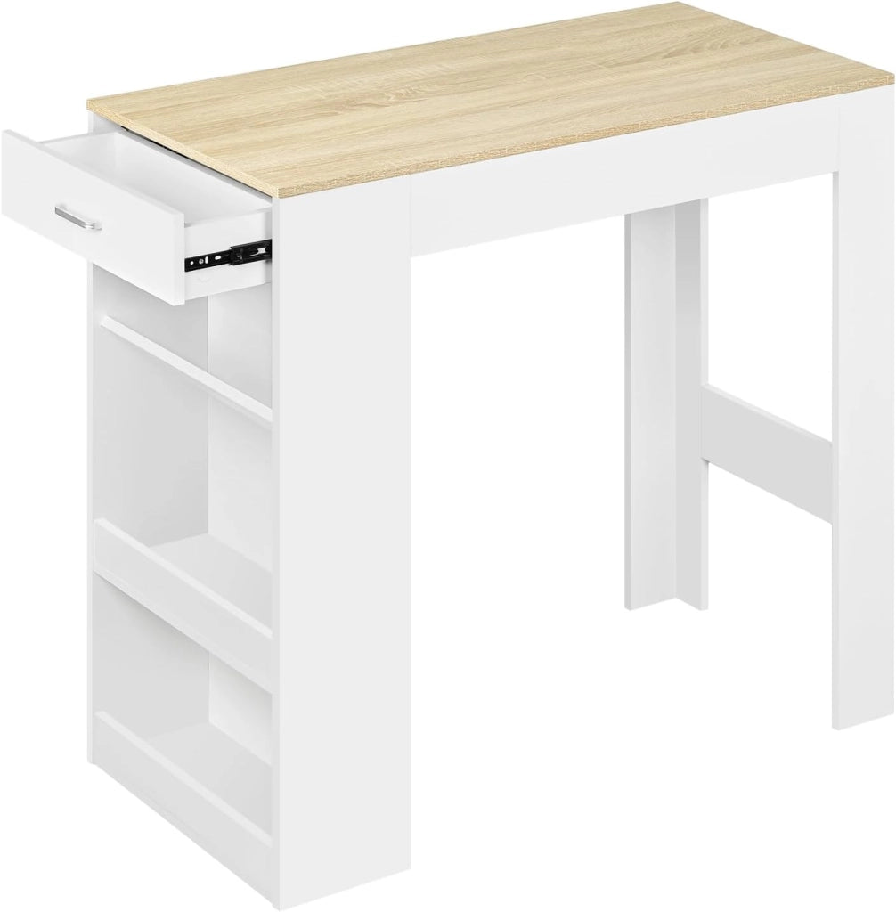 Tavolo da Bar, Bancone da Bar con 1 Cassetto e 3 Ripiani, Tavolo Penisola per Cucina, Pub, Bistrot, Legno Ingegnerizzato (Con assi di legno, Bianco+Rovere Chiaro, 100 x 50 x100 cm)