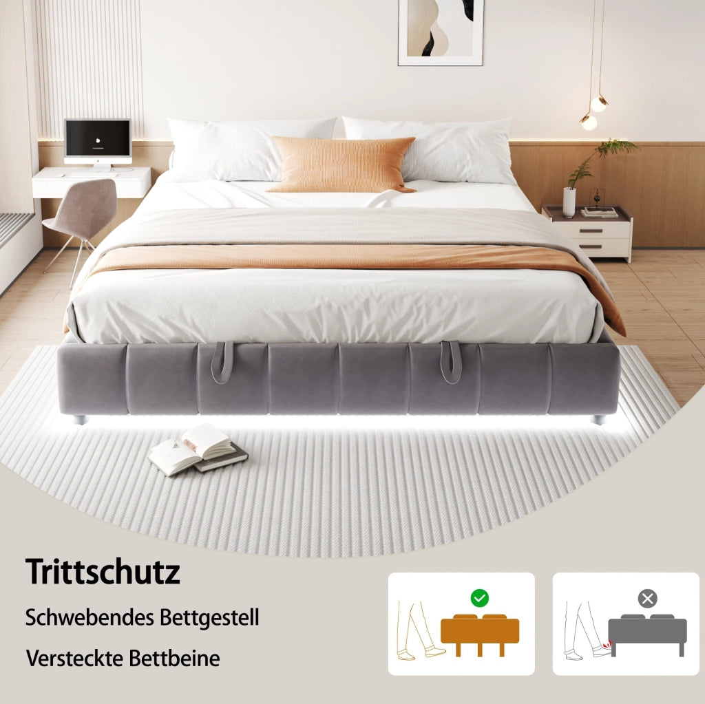 Letto imbottito 180x200 cm con contenitore idraulico e barra LED bianca; senza testiera; grigio