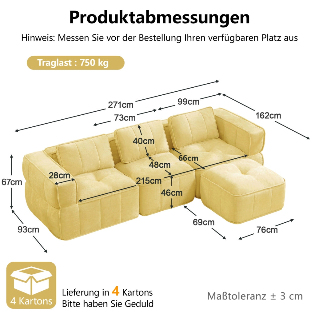 Divano modulare angolare 3 posti con pouf; seduta profonda in poliestere giallo 271x162x67 cm