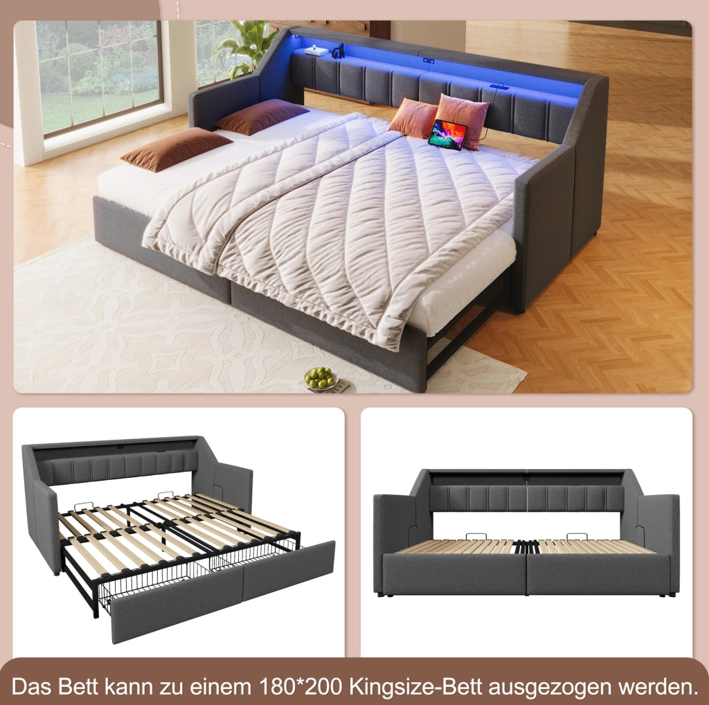 Letto singolo estraibile 90x200 con LED, USB-C e cassetti