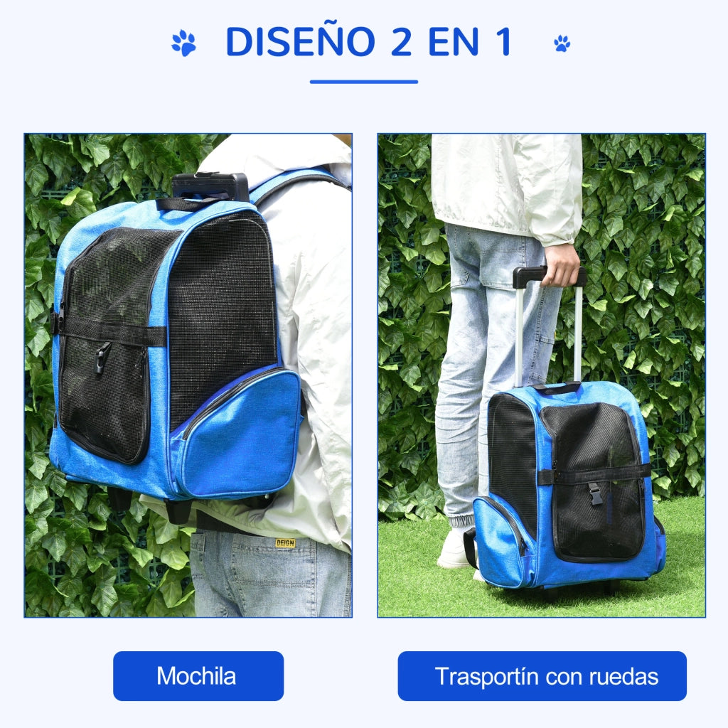 Trasportino Trolley 2 in 1 per Animali Domestici ¨C Xylo ¨C Cani Gatti con Ruote Manico Retrattile 42x25x55cm Blu