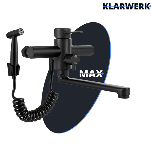 MAX |rubinetto miscelatore gastronomia montaggio a parete nero|rubinetto cucina professionale acciaio inox con doccetta|ristorante parete bocca piatta