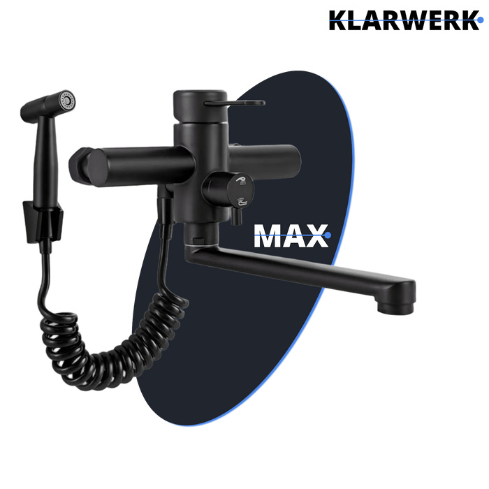 MAX |rubinetto miscelatore gastronomia montaggio a parete nero|rubinetto cucina professionale acciaio inox con doccetta|ristorante parete bocca piatta