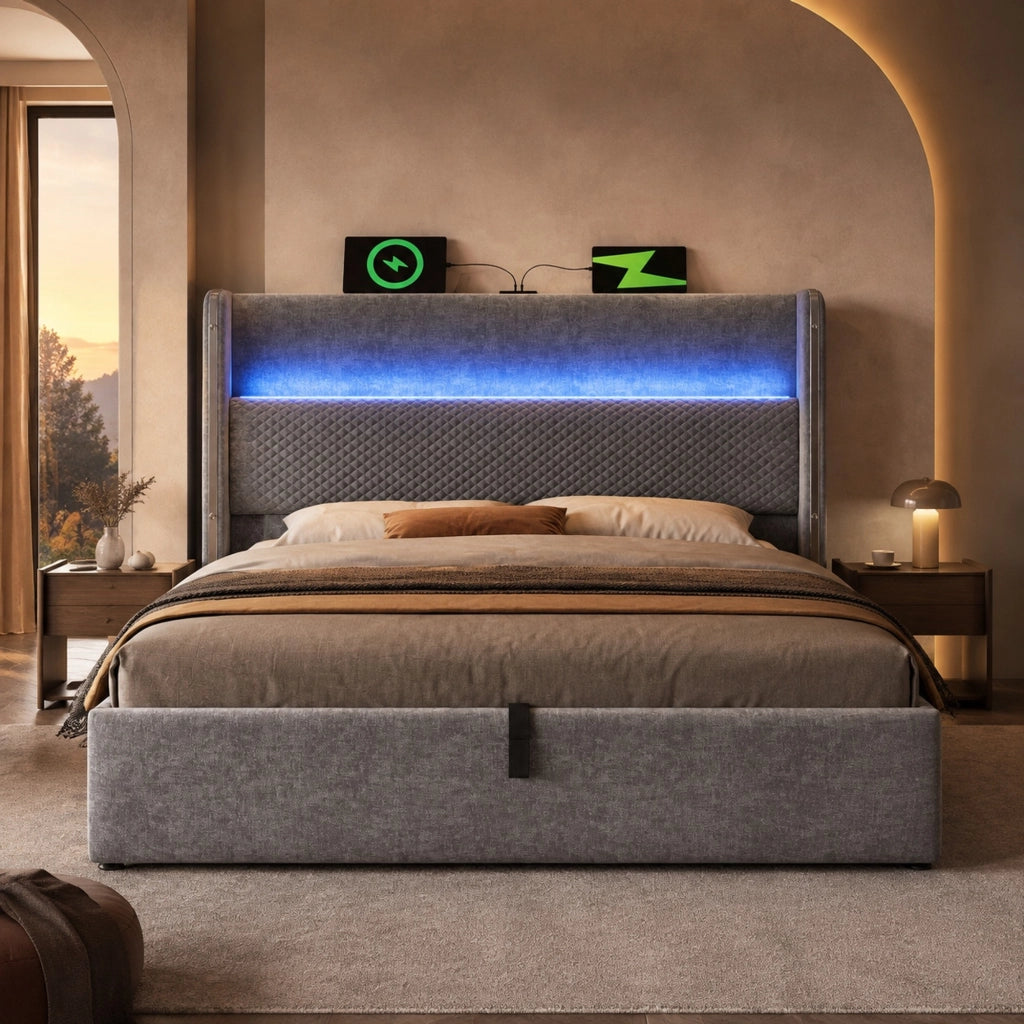 Letto idraulico con testiera alta, LED e porta USB/Type-C