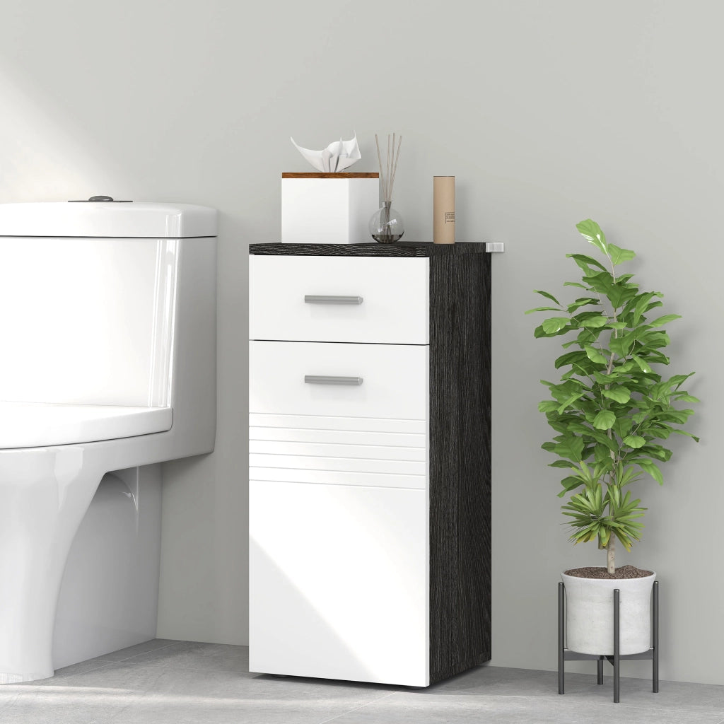 Mobile Bagno con Cassetto e Armadietto ¨C Zephmum ¨C Legno, Bianco e Nero, 35x30x77.5cm