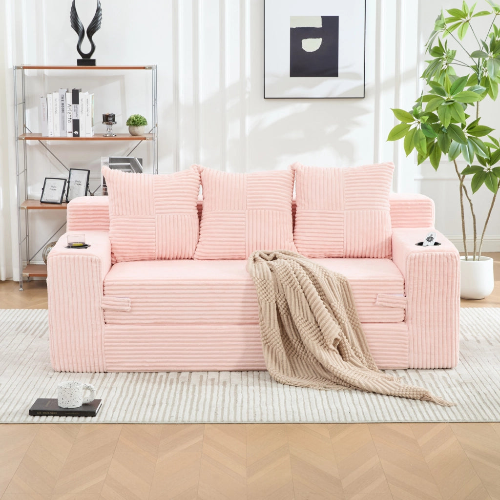 Divano modulare 2 posti in velluto a coste rosa; con portabicchieri e tasche laterali; 172 x 87 x 64 cm