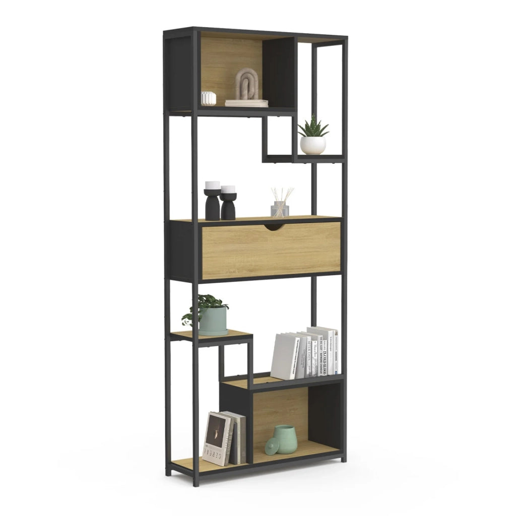IDMarket - DETROIT libreria asimmetrica a 6 livelli con cassetto dal design industriale 161 cm