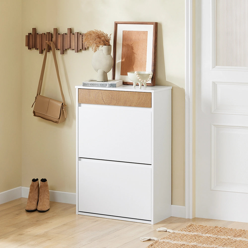 SoBuy FSR205-WN Scarpiera Salvaspazio Slim Ingresso - Mobile Scarpiera con 2 Ante a Ribalta e Cassetto - Design Nordico per Ingresso Moderno - Armadio in Legno Bianco e Rovere - 61x26x91cm