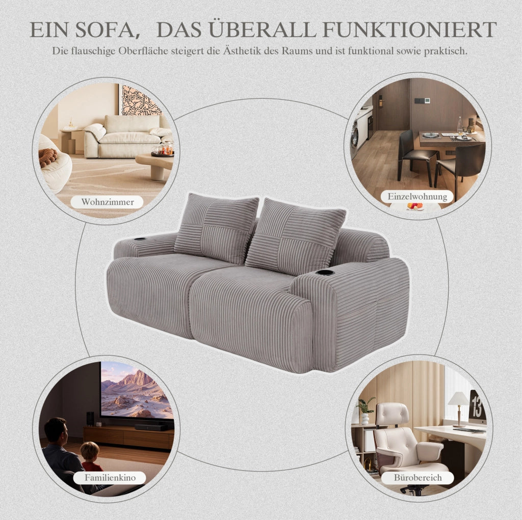 Divano 2 posti modulare in corduroy grigio chiaro 200x99x80 cm con portabicchieri e tasca laterale