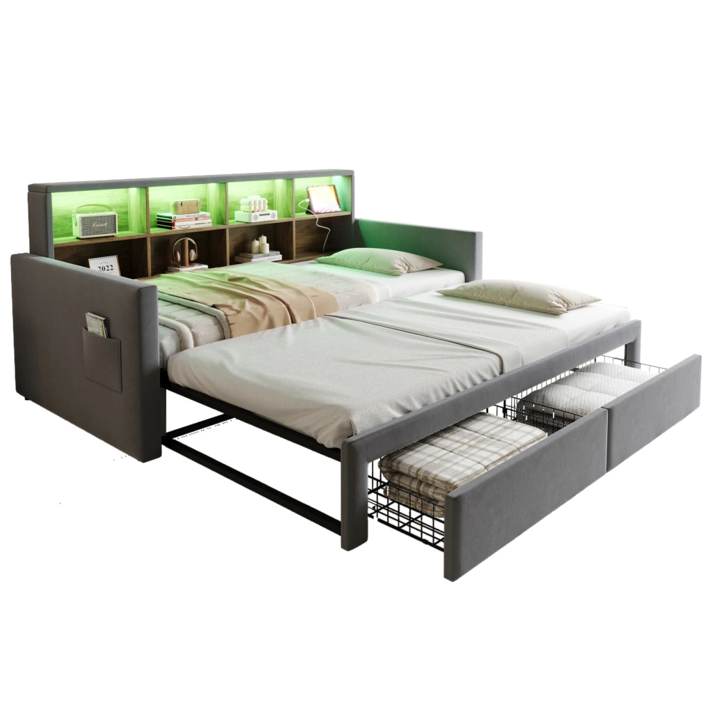 Letto imbottito estraibile 90x190 cm con LED, prese e cassetti