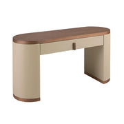 Scrittoio-toeletta in ecopelle, noce e legno rivestito in ecopelle color visone