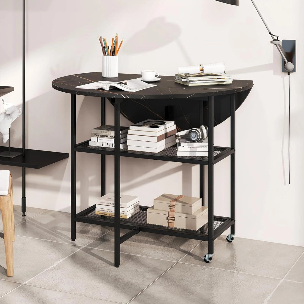 Tavolo Pieghevole Salvaspazio 100 x 100 x 80 cm, Tavolo da Pranzo Estensibile per 2-4 Persone con 2 Mensole di Stoccaggio e Ruote Bloccabili per Soggiorno, Appartamento e Ufficio (Nero)