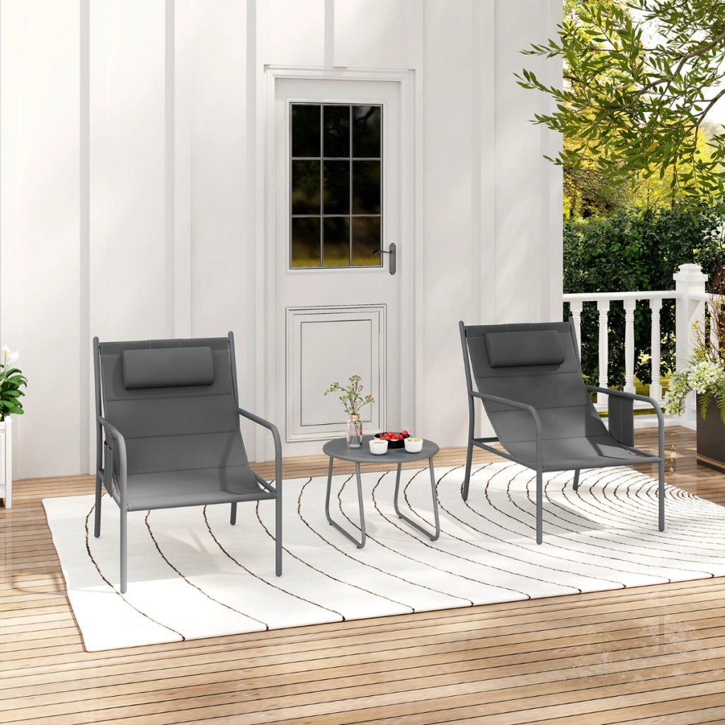 Set da bistrot per esterni 3 pezzi con sedile traspirante, Set da sedia e tavolino in metallo Grigio scuro-Set mobili da esterno