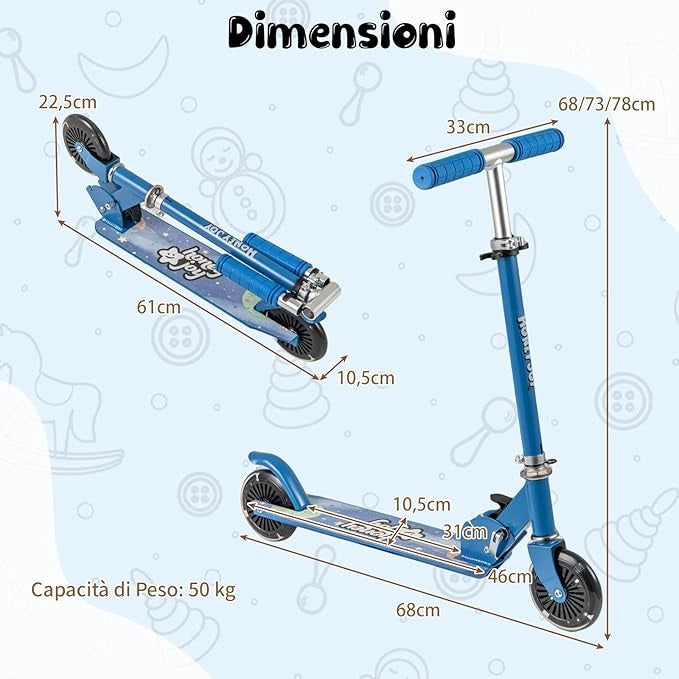 Monopattino per Bambini Pieghevole e Portatile, Monopattino a 2 Ruote con Manubrio Regolabile, Ruote Luminose a LED, Freno Posteriore e Tracolla, Ideale per Bambini e Bambine 3+