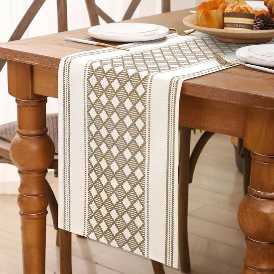 Tappeto Moderno Bohemiano per Tavolo con Disegno Geometrico Rustico in Lino Vintage, 40 x 140 cm, Miele