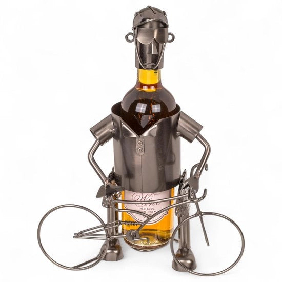 Sostegno per bottiglia in legno artigianale - Supporto per bottiglie - Standa per vino - Design bicicletta - Compacto 25 x 13 x 20,5 cm - Originale per appassionati di bicicletta