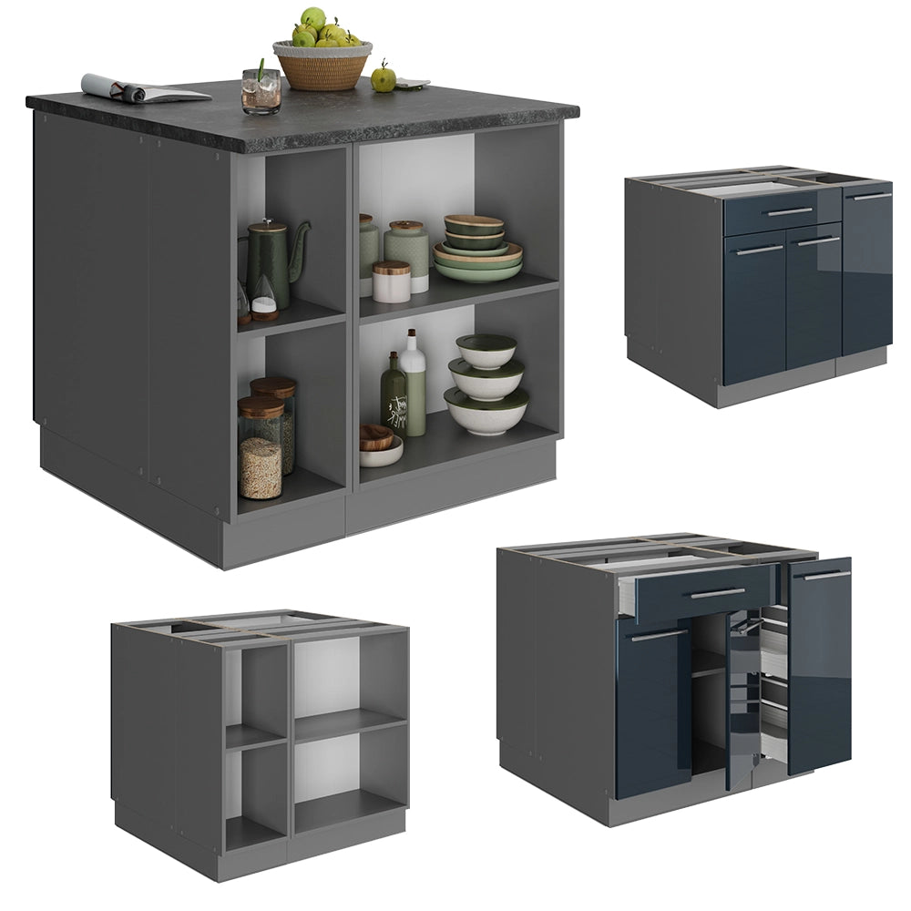 Armadi da cucina Fame-Line Blu scuro lucido/Antracite 90 cm con cassetto, senza piano di lavoro Vicco