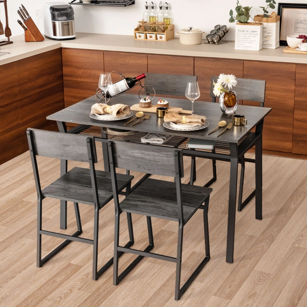 Set da tavolo da pranzo 5 pezzi, Tavolo da cucina con 4 sedie mensola portaoggetti e telaio in metallo Grigio-Tavoli e sedie da pranzo