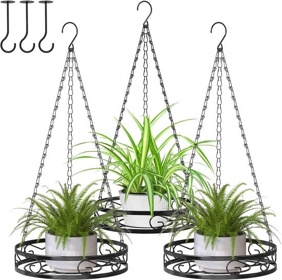 Set di vasi per piante appesi - 3 pezzi - nero - metallo