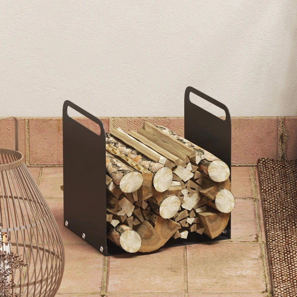 Porta legna da camino 36,5 x 30 x 36 cm in acciaio nero con maniglie, portata 30 kg