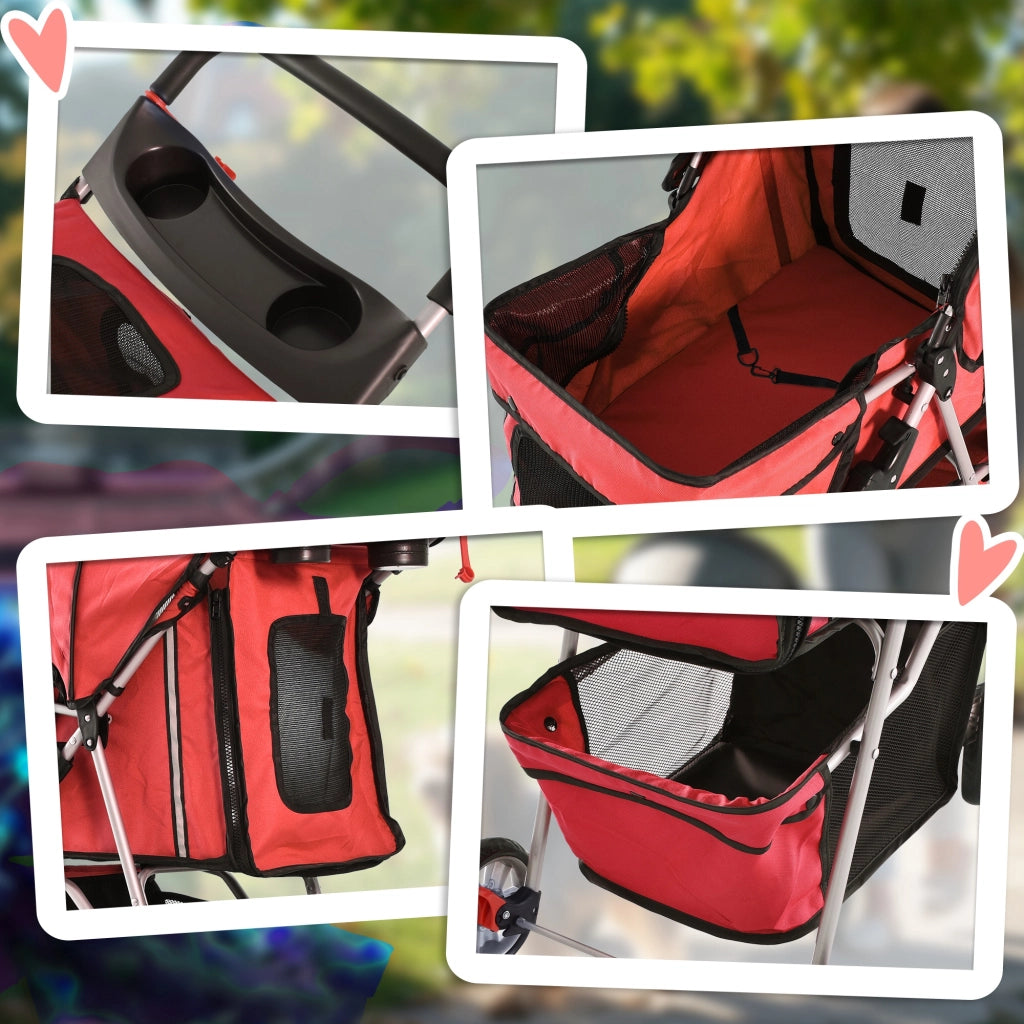 Carrello pieghevole per trasporto cani con accesso a due vie, cestino inferiore, rete anti-insetti, poliestere rosso