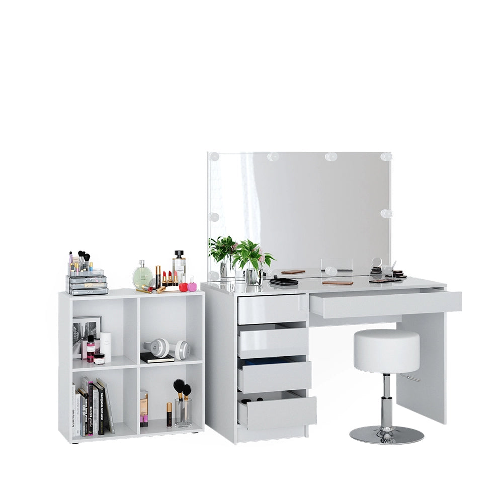 Vicco Tavolino da toilette Bianco 120 cm 4 parti, con scaffale, specchio, sgabello, LED