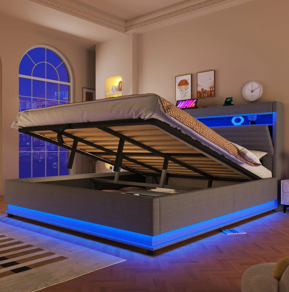 Letto imbottito contenitore 180x200 cm con LED e ricarica integrata