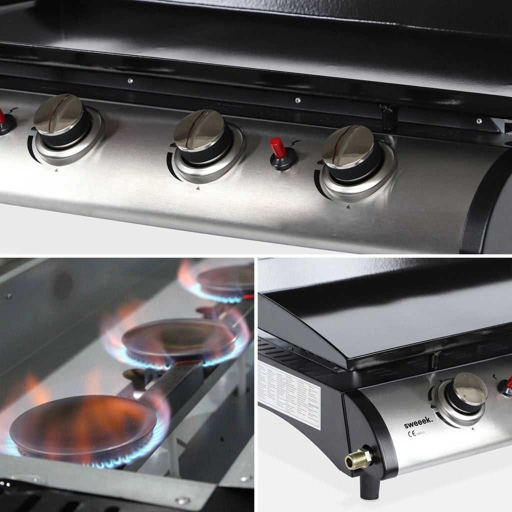 Piastra plancha a gas in acciaio inox con 4 bruciatori 10kw, carrello