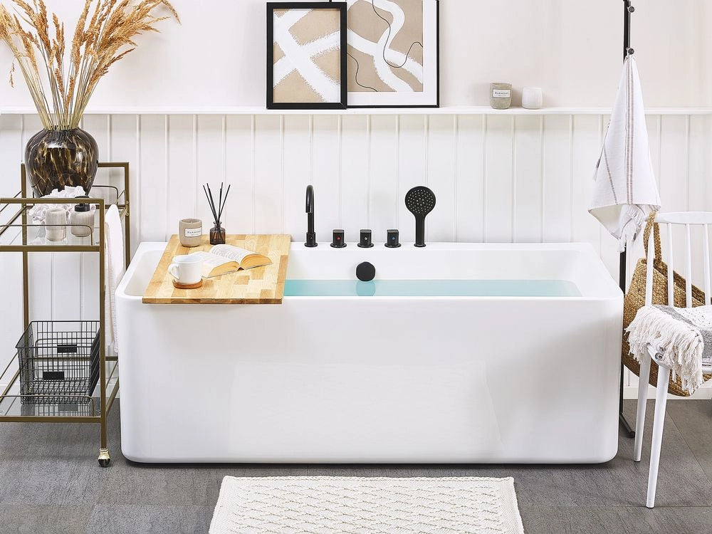 Vasca da bagno in acrilico bianco rettangolare 170 x 75 cm da appoggio a parete