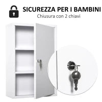 kleankin Armadietto Medicinali a 3 Livelli in Acciaio con 2 Chiavi e Montaggio a Parete, 40x18x60 cm, Bianco