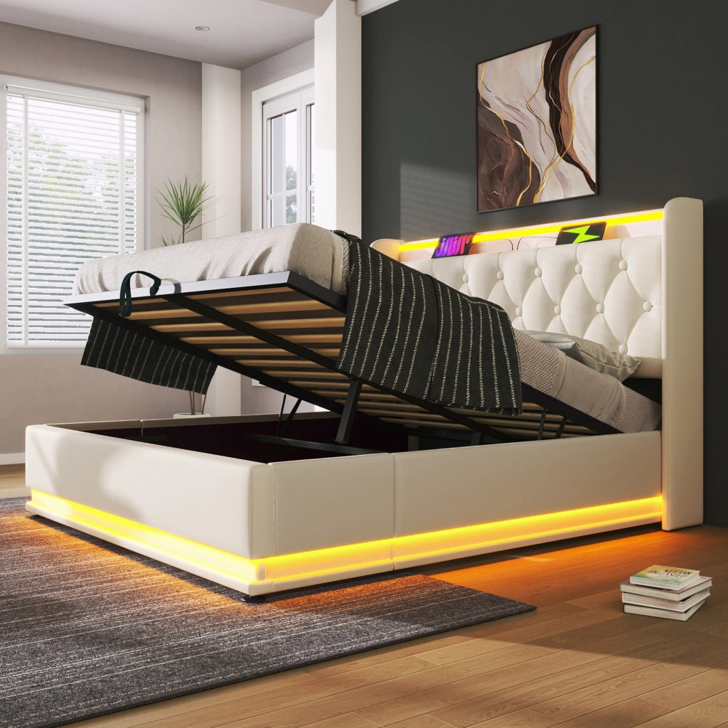 Letti contenitori 140x200 cm; LED 360° e USB Type-C; PU bianco (Senza materasso)