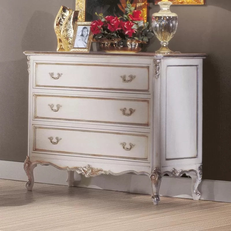 Cassettiera 3 cassetti classico legno shabby bianco argento 130x62x107 - Mobili 2G
