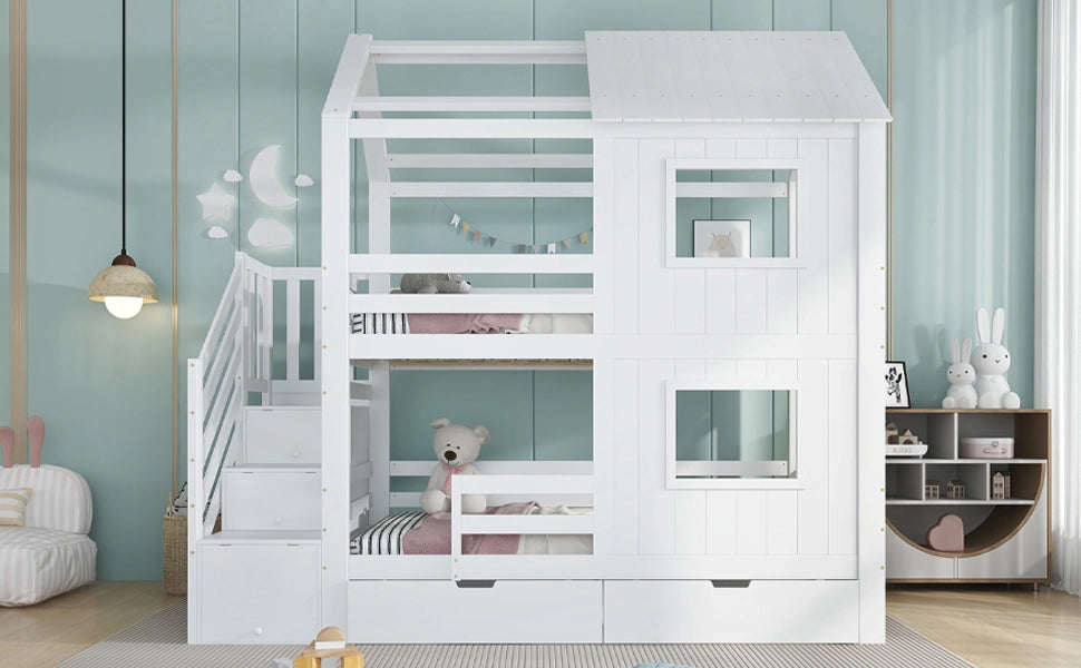 Letto a castello per bambini con scala armadio e cassetto, 90x200 cm, bianco