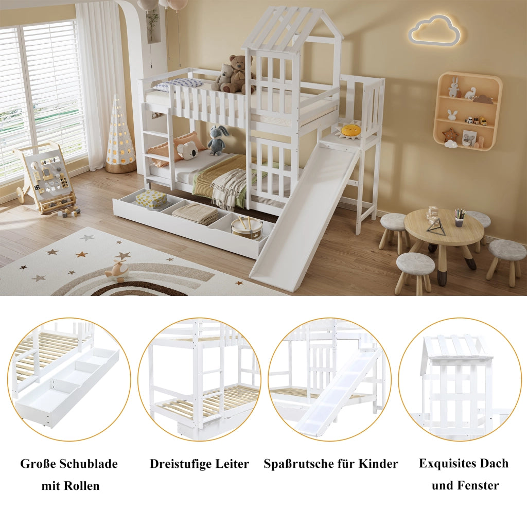Letto a castello per bambini 90 × 200 cm con grande cassetto con ruote, scivolo, senza materasso, bianco